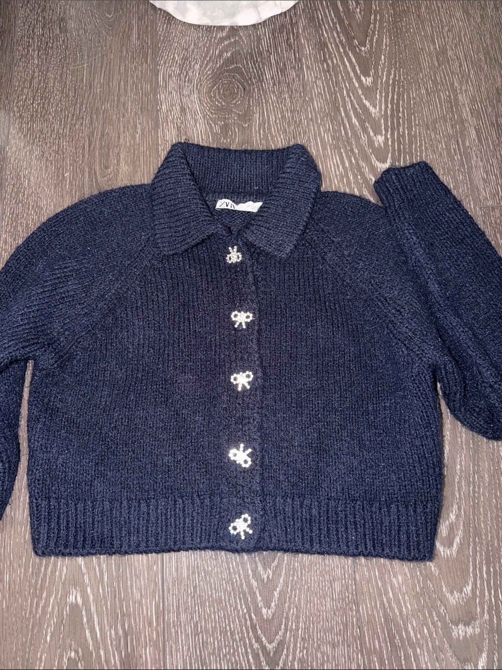 Zara Dark Navy Knit Collared Cardigan with Bow Buttons